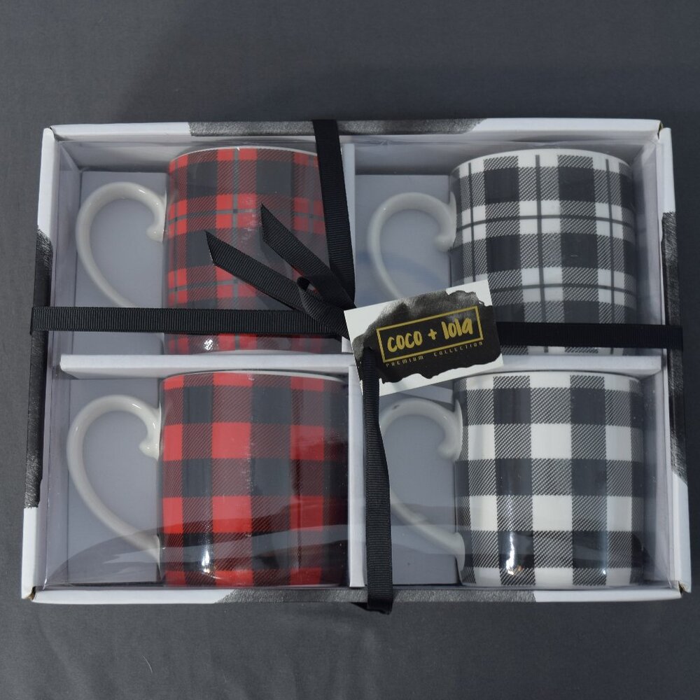 NEW Coco + Lola Coffee Premium Bone China Porcelain 4 Mug Set Buffalo Plaid Red